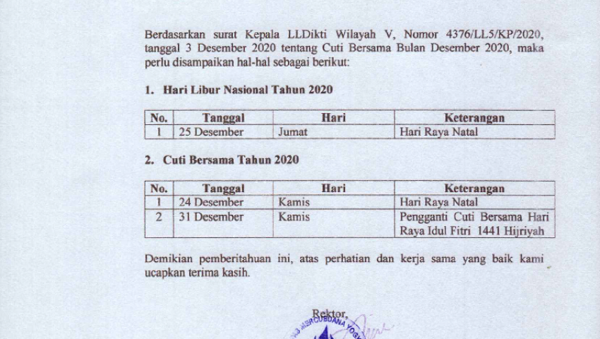 Pengumuman Cuti Bersama Universitas Mercu Buana Yogyakarta