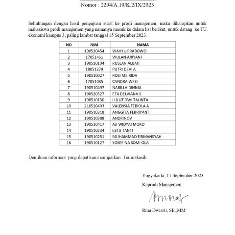 PENGUMUMAN HASIL SURAT AJUAN KE PRODI MANAJEMEN