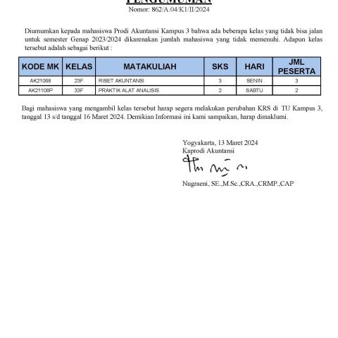 PENGUMUMAN MATA KULIAH DROP - PRODI AKUNTANSI