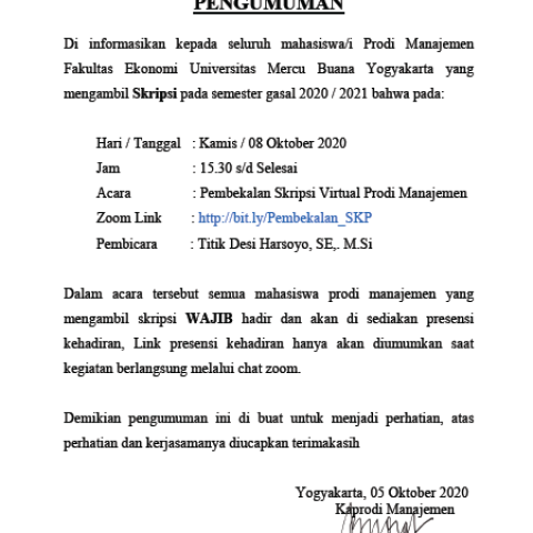 Pengumuman Pembekalan Skripsi Prodi Manajemen