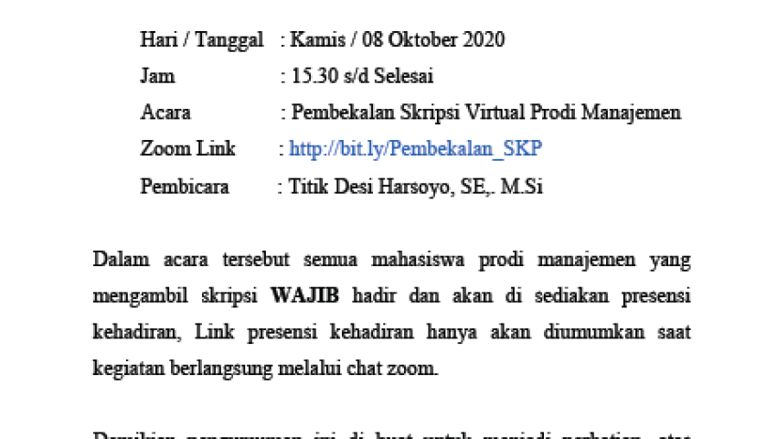 Pengumuman Pembekalan Skripsi Prodi Manajemen