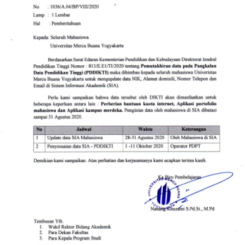 Surat Pemutakhiran Biodata Mahasiswa PDDIKTI