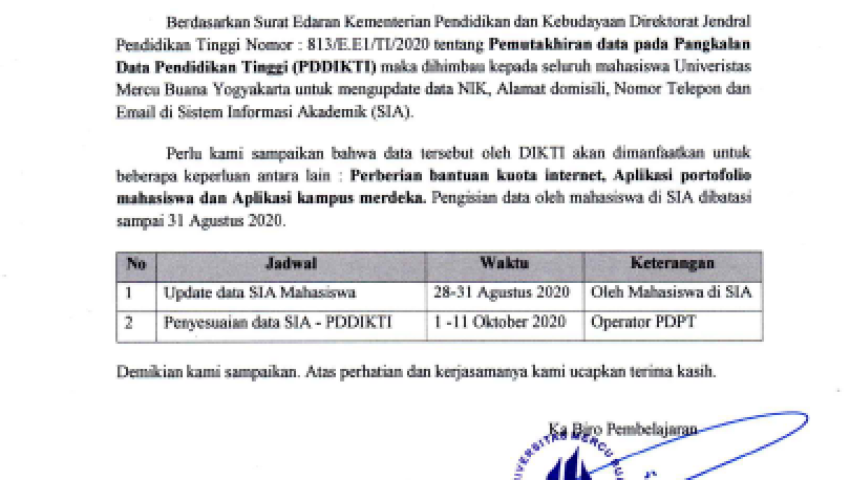 Surat Pemutakhiran Biodata Mahasiswa PDDIKTI