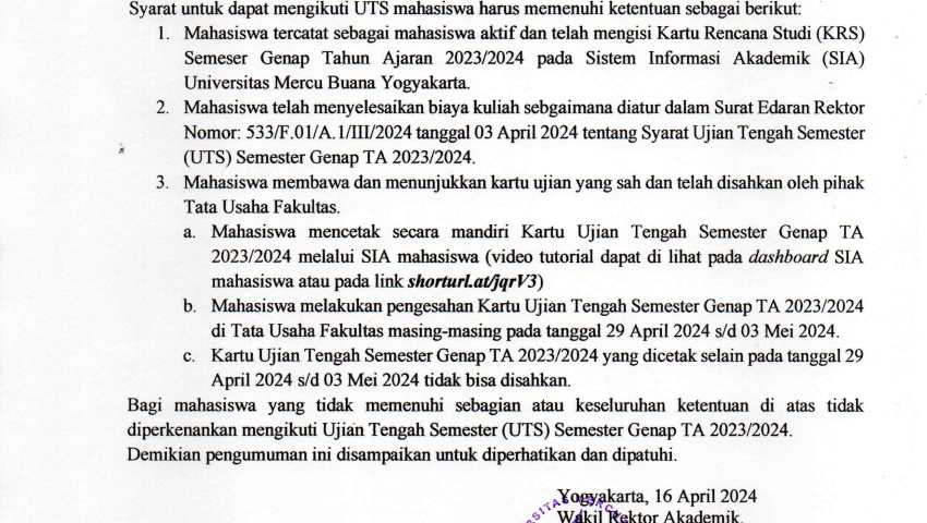 PENGUMUMAN - Terkait Cetak Kartu UTS Semester Genap 2023-2024