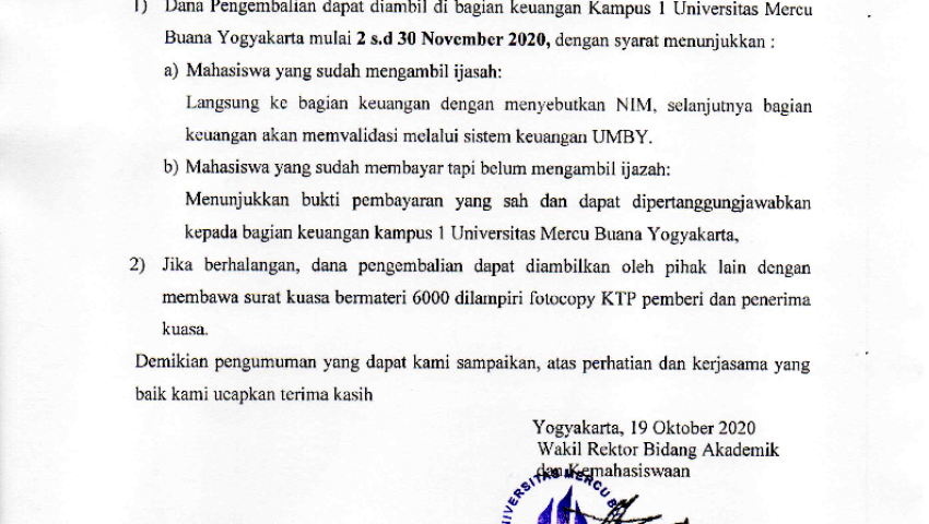 Pengumuman Pelaksanaan dan Pembayaran Wisuda Periode April dan Oktober 2020