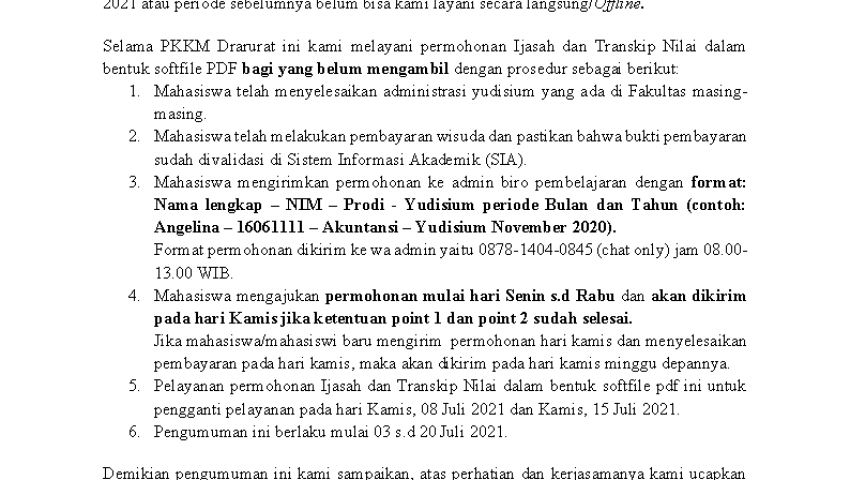 Pengumuman Pelayanan Ijasah dan Transkip Nilai Selama PPKM Darurat 03-20 Juli 2021