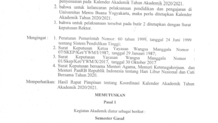 SK Tentang Kalender Akademik  TA. 2020-2021