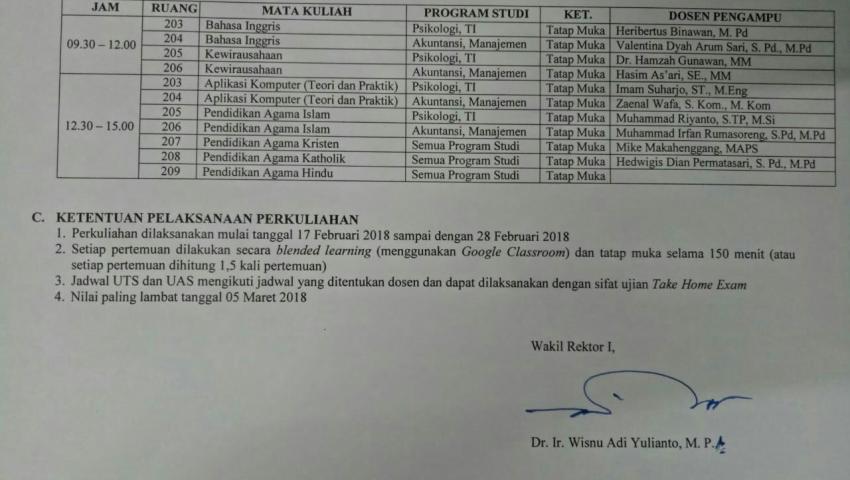 Jadwal Kuliah MKDU untuk Kelas R3 - Semester Antara - Program Studi Akuntansi