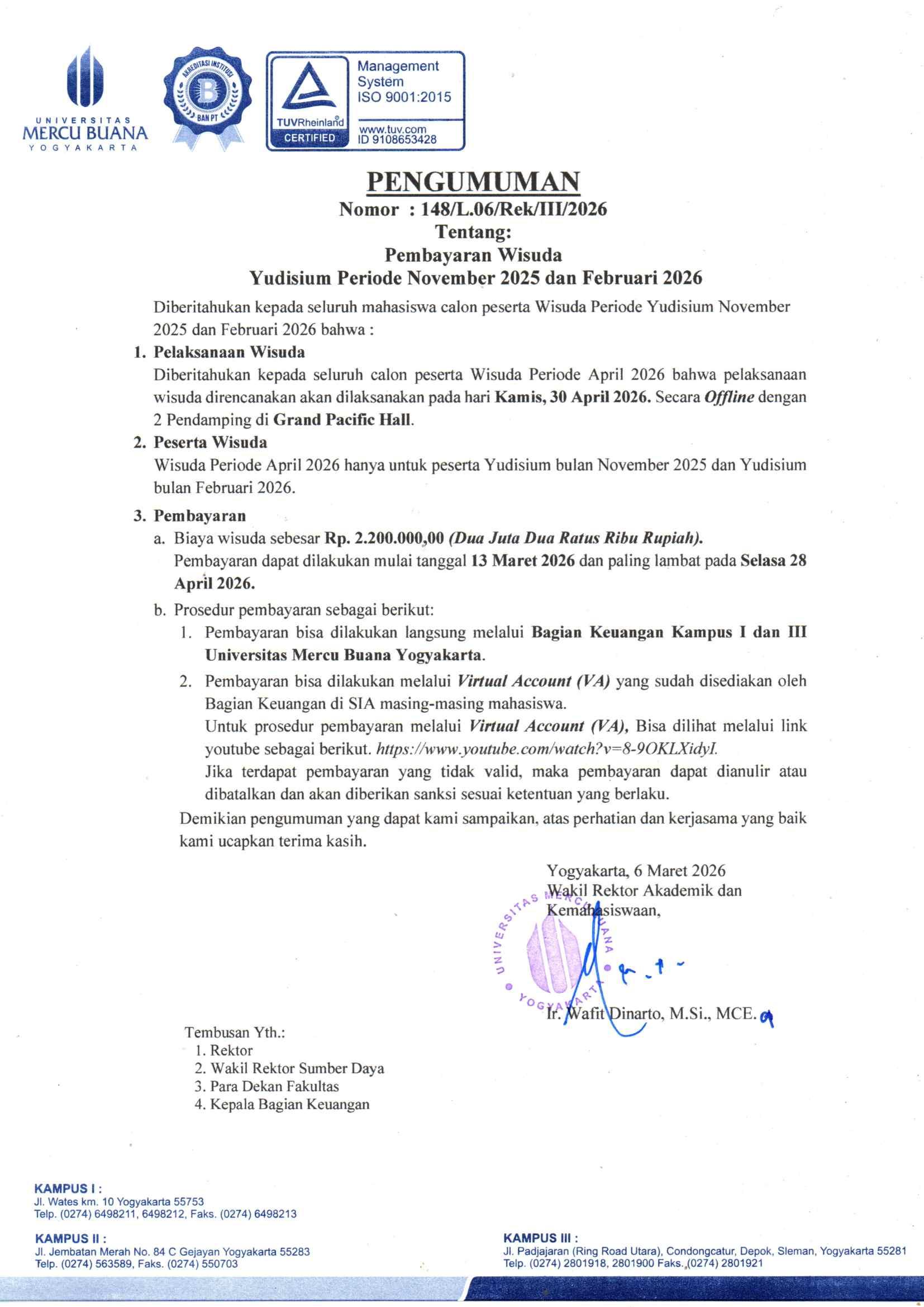 Pengumuman Pelaksanaan Wisuda April 2026