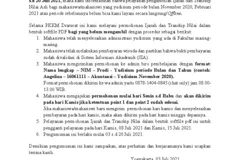 Pengumuman Pelayanan Ijasah dan Transkip Nilai Selama PPKM Darurat 03-20 Juli 2021 kop