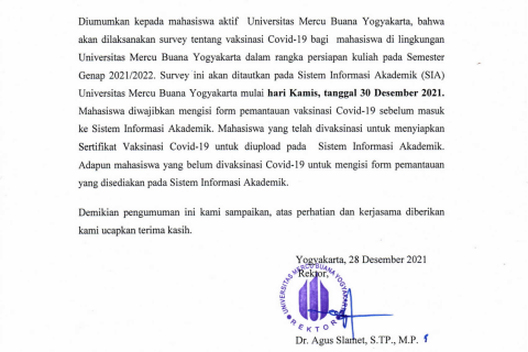 Pengumuman Tentang Survey Vaksinasi Covid-19 Bagi Mahasiswa di UMBY