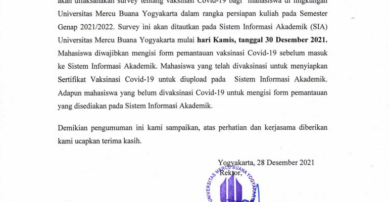 Pengumuman Tentang Survey Vaksinasi Covid-19 Bagi Mahasiswa di UMBY