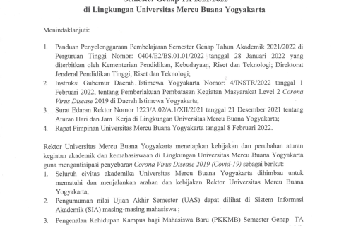 Surat Edaran No. 051-A.02-Rek-II-2022 tentang Aturan Pelaksanaan Kegiatan Akademik dan Kemahasiswaan Semester Genap TA 2021-2022 di Lingkungan UMBY_Page_1